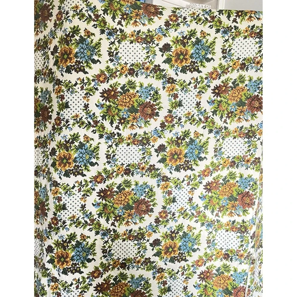 Vintage 70s colorful faux cross stitch floral fabric tablecloth retro 58x98